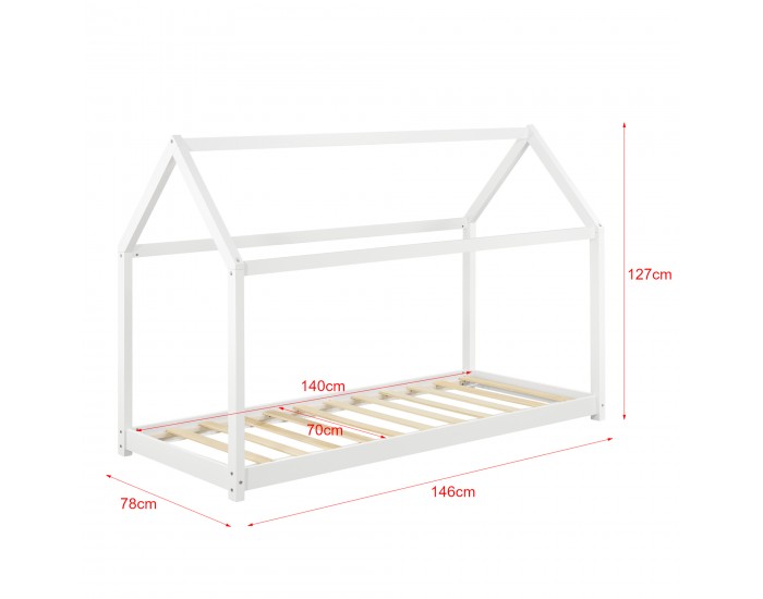 Детско легло Къщичка, с ортопедичен матрак, борово дърво, 70 x140cm, бяло