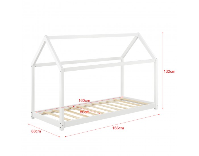 Детско легло Къщичка, с ортопедичен матрак, борово дърво, 80 x160cm, бяло