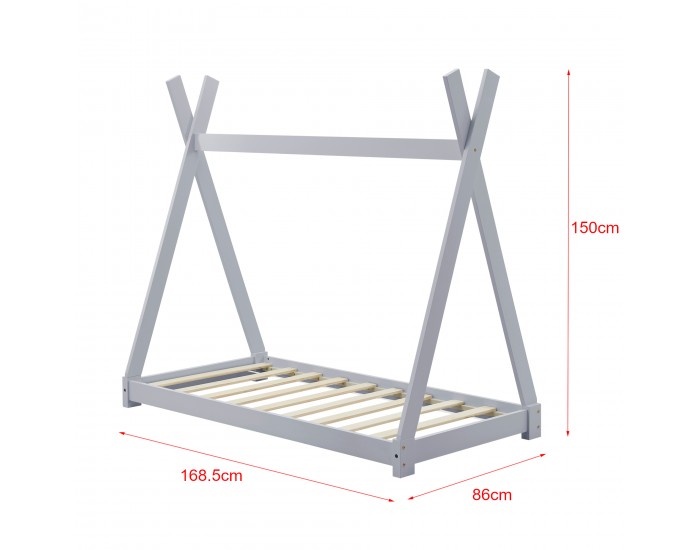 Детско легло с хипоалергенен матрак, индианска шатра, чам, светлосиво,160x80cm