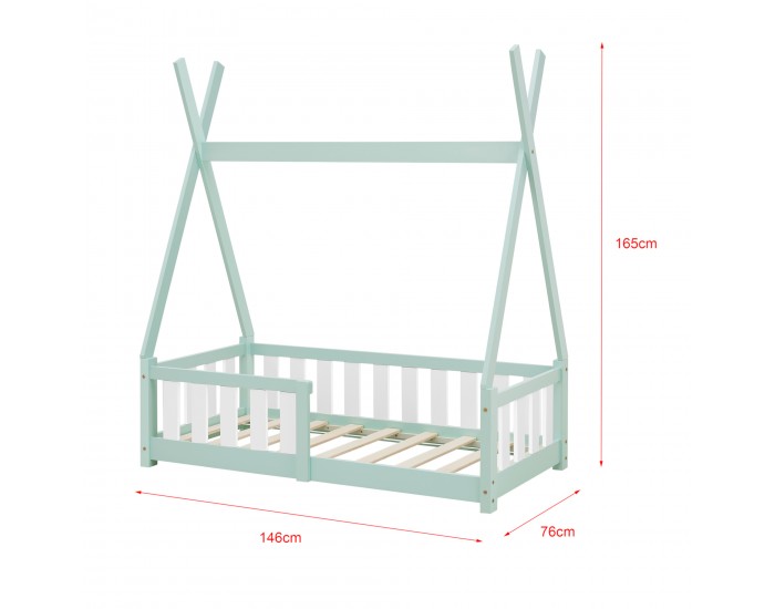 Детско креватче с матрак от борово дърво, предпазна решетка, форма Индианска шатра, Мента