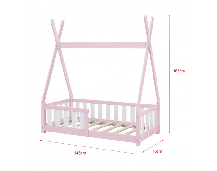 Детско креватче с матрак от борово дърво, предпазна решетка, форма Индианска шатра, Розово