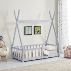 Детско креватче с предпазна решетка, форма Шатра, Чам, Светлосиво - Детска стая