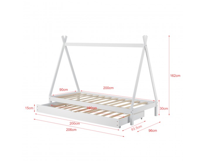 Детско разтегателно легло, индианска шатра  90 x 200 cm с матрак, Бяло