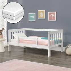 Детско легло  Selfoss, със защитна решетка, матрак и подматрачна решетка, борово дърво, 160x80cm, бяло - Детски легла