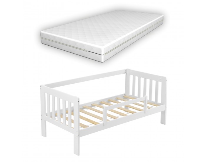 Детско легло  Selfoss, със защитна решетка, матрак и подматрачна решетка, борово дърво, 160x80cm, бяло