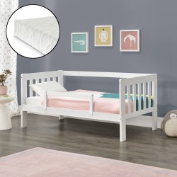 Детско легло  Selfoss, със защитна решетка, матрак и подматрачна решетка, борово дърво, 200x90cm, бяло - Детска стая