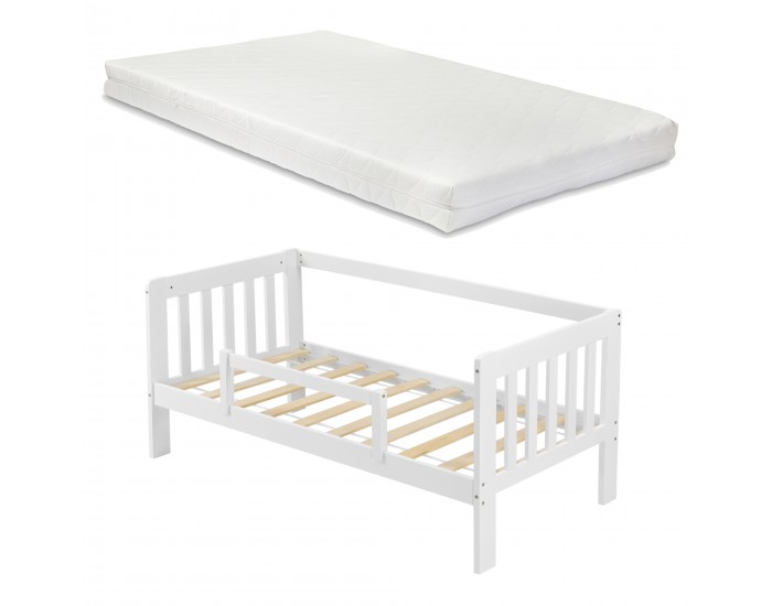 Детско легло  Selfoss, със защитна решетка, матрак и подматрачна решетка, борово дърво, 200x90cm, бяло