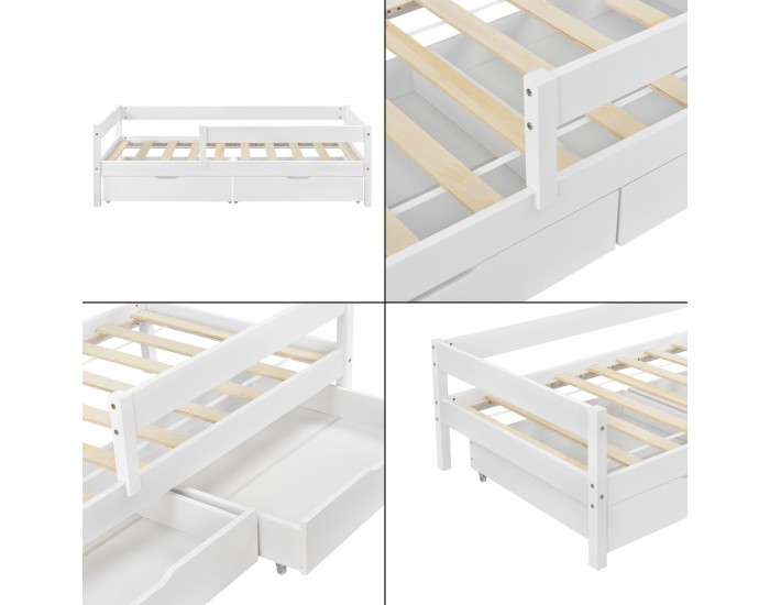 Детско легло Borgarnes с чекмеджета за съхранение, борово дърво, 200 x 90 cm, бяло