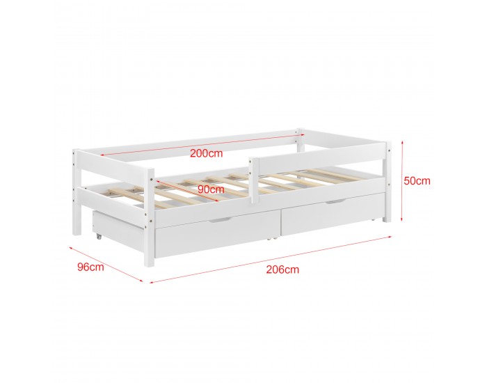 Детско легло Borgarnes с чекмеджета за съхранение, борово дърво, 200 x 90 cm, бяло
