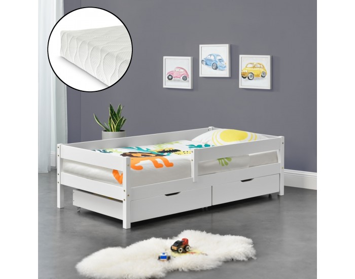 Детско легло  Borgarnes, с чекмеджета за съхранение и матрак,  бяло, 200 x 90 cm