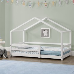 Детско легло - Къщичка от борово дърво, Бяло, 200x90cm - Детски легла