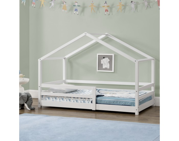 Детско легло - Къщичка от борово дърво, Бяло, 200x90cm