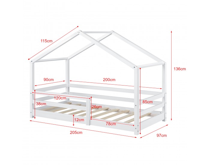 Детско легло - Къщичка от борово дърво, Бяло, 200x90cm
