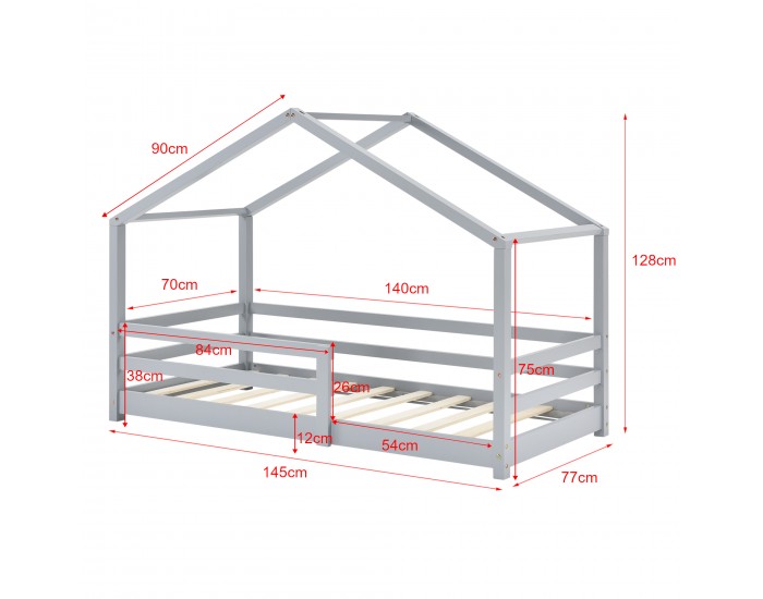 Детско легло - Къщичка от борово дърво, Светлосиво, 140x70cm
