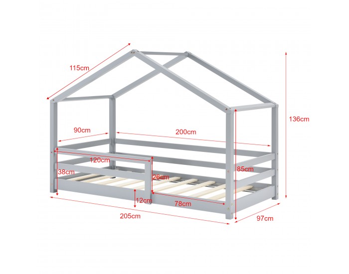 Детско легло - Къщичка от борово дърво, Светлосиво, 200x90cm