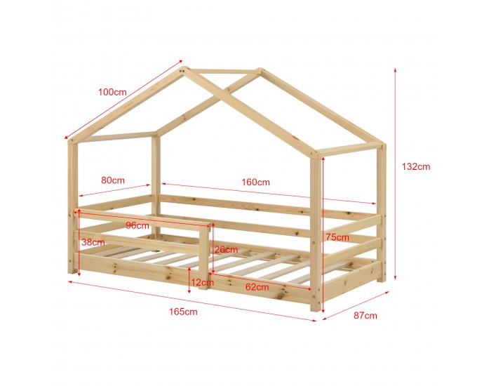 Детско легло - Къщичка от борово дърво, Натурален цвят, 160x80cm