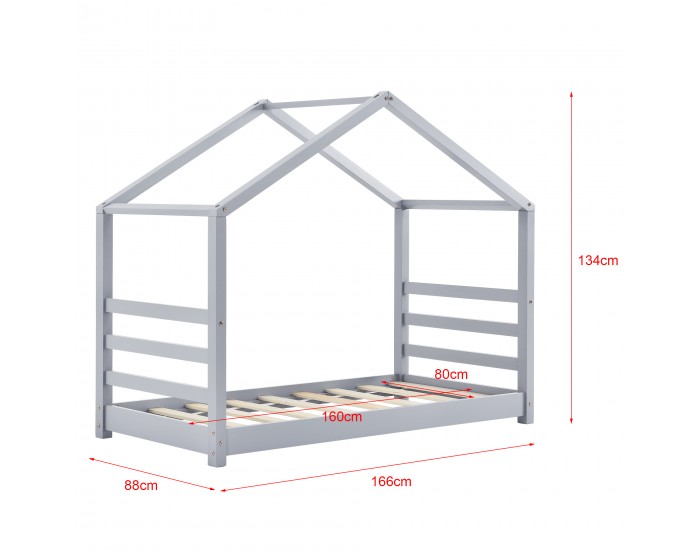 Детско легло от борово дърво, Сиво 160x80cm с матрак и предпазна решетка