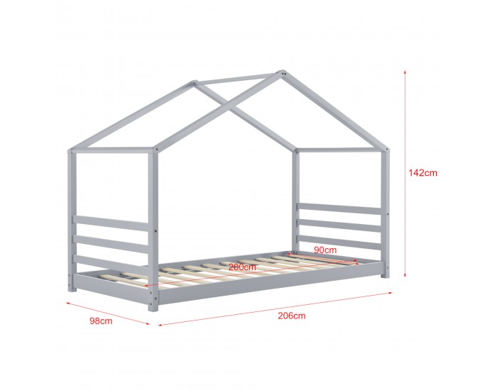 Детско легло от борово дърво, Сиво 200x90cm с матрак и предпазна решетка