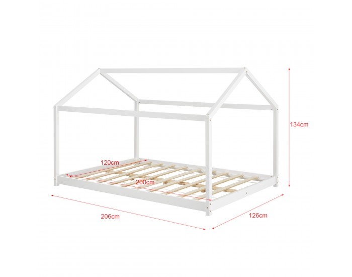 Детско легло с матрак Къщичка, 120x200cm , Бяло, Борово дърво