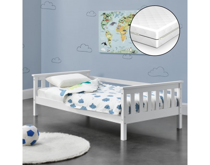Детско легло Nuuk с ортопедичен матрак и възможност за съхранение, 80x160 cm, борово дърво, бяло