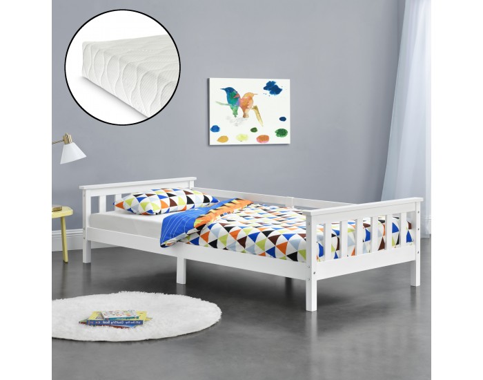 Детско легло Nuuk с матрак и възможност за съхранение, 90x200 cm, борово дърво, бяло