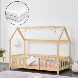 Детско легло Sisimiut, със защитна решетка и матрак, дизайн Къщичка, борово дърво, 80 х 160 cm - Детски легла