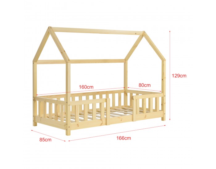 Детско легло Sisimiut, със защитна решетка и матрак, дизайн Къщичка, борово дърво, 80 х 160 cm