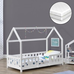 Детско легло Sisimiut, със защитна решетка и матрак, дизайн Къщичка, борово дърво, 70 х 140 cm, бяло - Детска стая