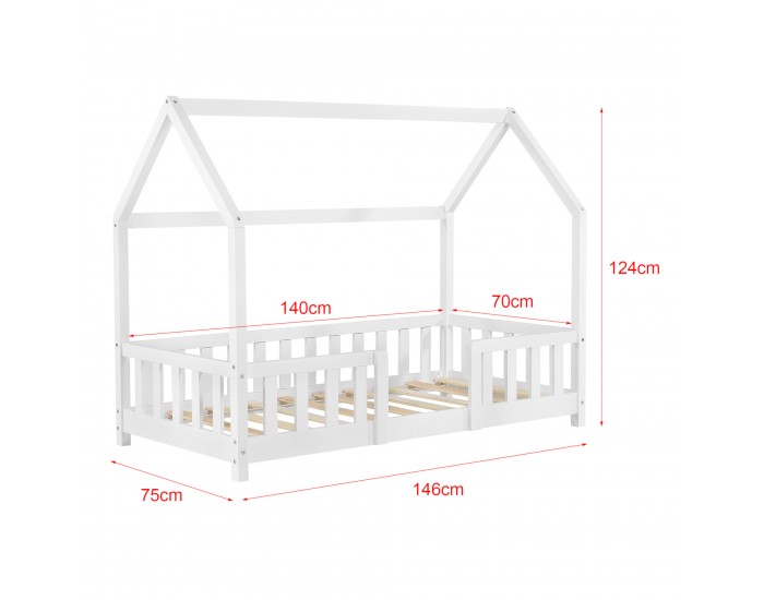 Детско леглоSisimiut, със защитна решетка и матрак, дизайн Къщичка, борово дърво, 70 х 140 cm, бяло