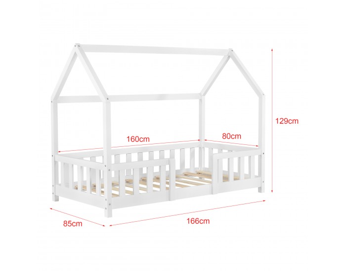 Детско легло Sisimiut, със защитна решетка и матрак, дизайн Къщичка, борово дърво, 70 х 140 cm, бяло