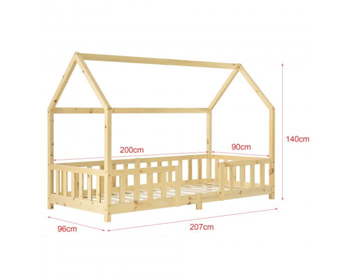 Детско легло Sisimiut, със защитна решетка и матрак, дизайн Къщичка, борово дърво, 90 х 200 cm