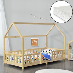 Детско легло Sisimiut, със защитна решетка и матрак, дизайн Къщичка, борово дърво, 90 х 200 cm - Детска стая
