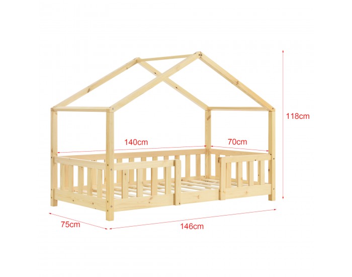 Детско легло Treviolo естествен бор с предпазна решетка 140 x 70 cm