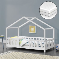 Детско легло Treviolo, с матрак и защитна преграда,борово дърво, 80х160см, бяло - Детски легла