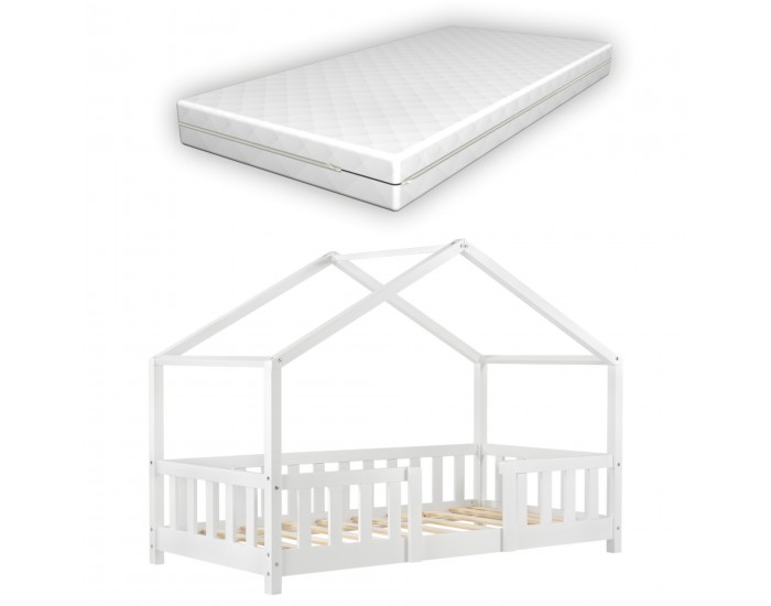 Детско легло Treviolo, с матрак и защитна преграда,борово дърво, 80х160см, бяло