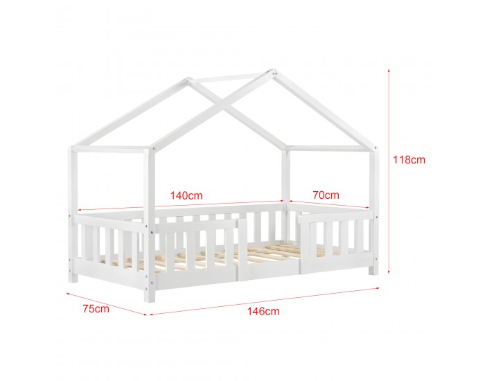 Детско легло Treviolo естествен бор с предпазна решетка 140 x 70 cm бяло