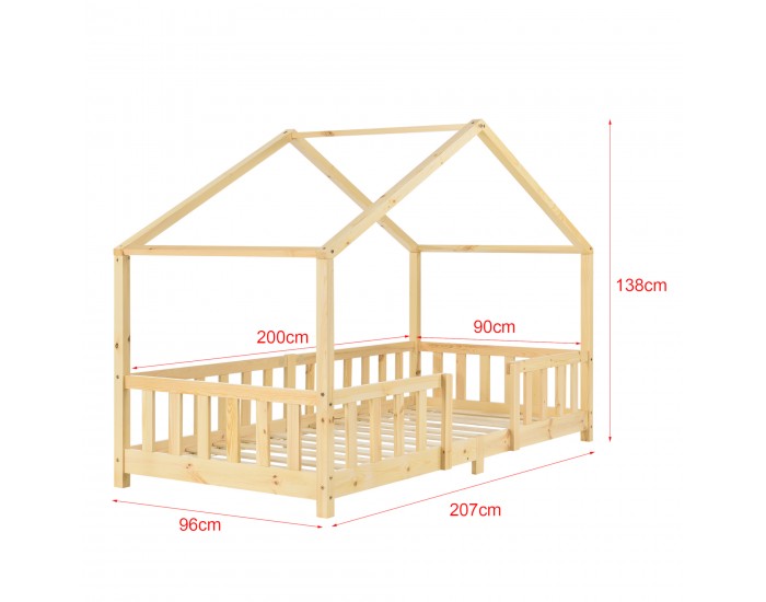 Детско легло Treviolo естествен бор с предпазна решетка 200 x 90 cm