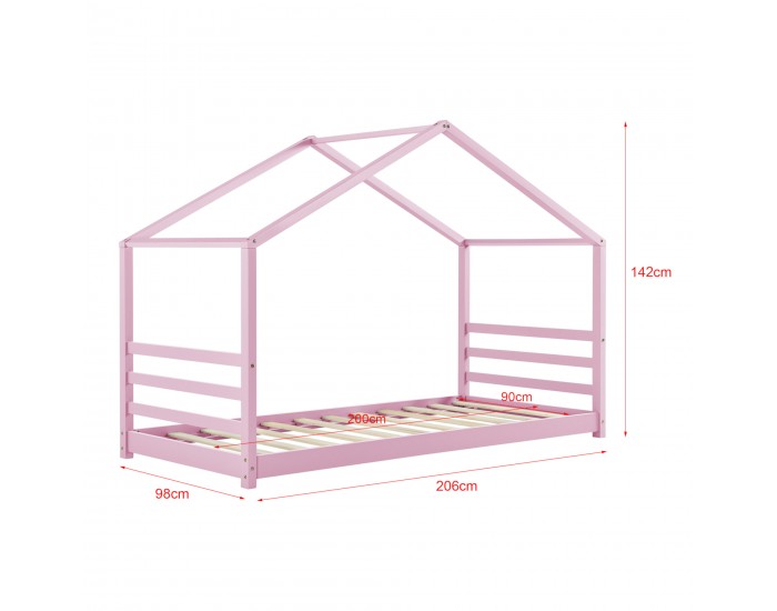 Детско легло Vardø  200x90 cm борово дърво, Къщичка, розово