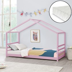 Детско креватче   Vardø, 200x90 cm, защитна решетка, дизайн Къщичка, борово дърво, розово - Детска стая