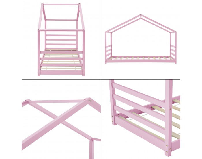 Детско легло Vardø  200x90 cm борово дърво, Къщичка, розово