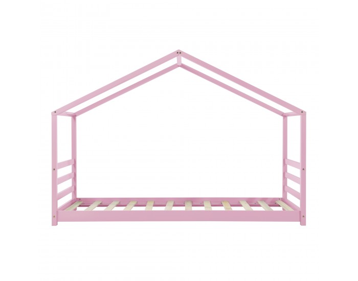 Детско креватче   Vardø, 200x90 cm, защитна решетка, дизайн Къщичка, борово дърво, розово