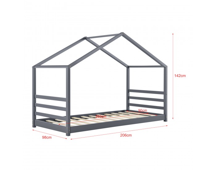 Детско легло  Vardø  200x90 cm борово дърво, Къщичка, тъмносиво