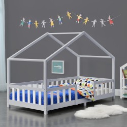 Детска кошара Trevelio, размери 90x200 см, с ламелна рамка + дървена решетка, светло сиво и бяло - Детска стая