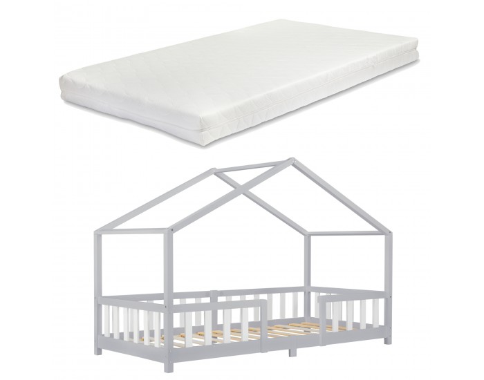 Детско легло Treviolo, размери 90x200 см, с матрак студена пяна и решетка,  светло сиво и бяло