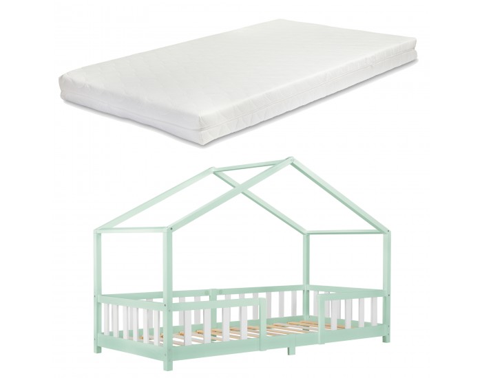 Детско легло Тревиоло, размери 90х200 см,  с матрак студена пяна и решетка,  мента, бял цвят