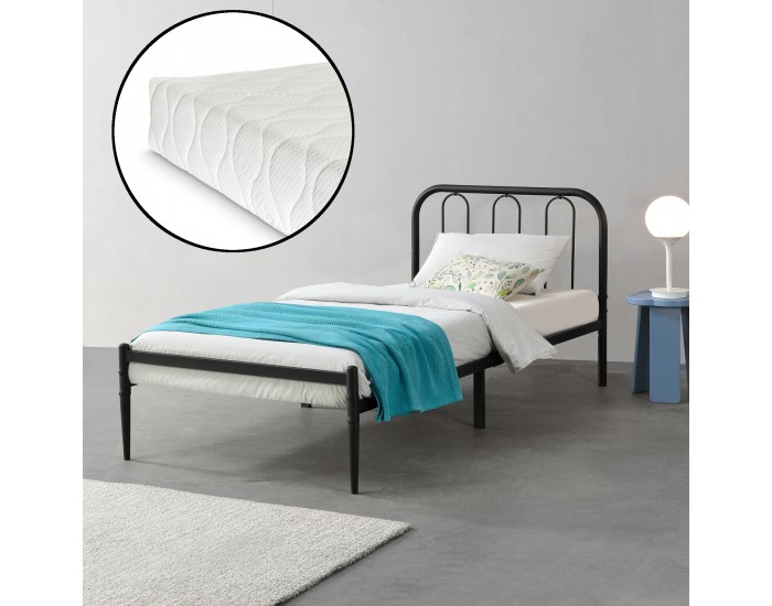 Легло Hanko с метална рамка, подматрачна решетка и матрак , Черно, синтерована стомана, 90 х 200 см