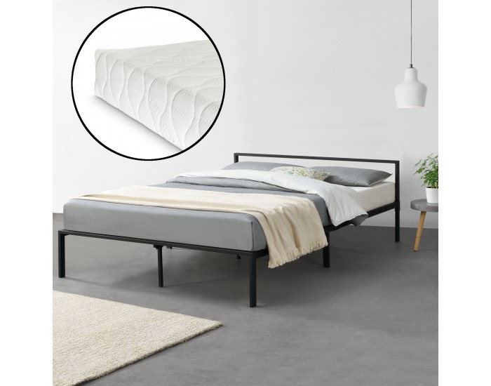 Метално легло, подматрачна рамка и матрак, минималистичен стил, Черно, 200cm x 160cm
