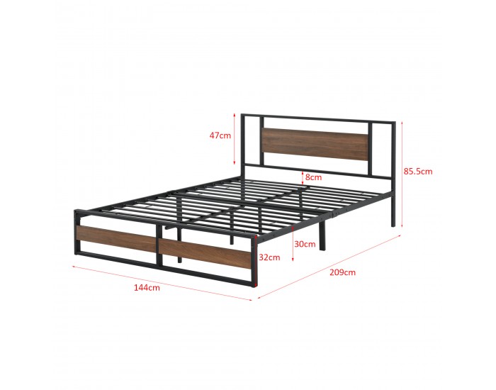 Метално легло Villach, подматрачна решетка и матрак, стоманена рамка, Черно, табла Ефект Орех, 200cm x 140cm