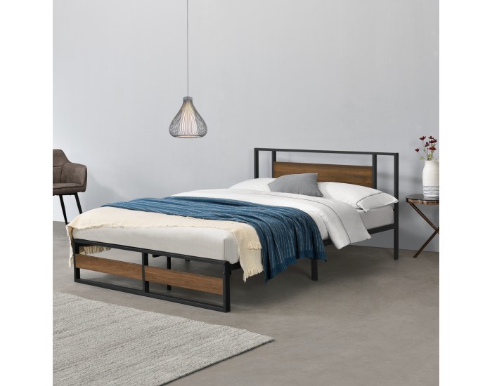 Метално легло Villach, подматрачна решетка, стаманена рамка, табла Ефект Орех, Черно, 200cm x 140cm [еn.casa]
