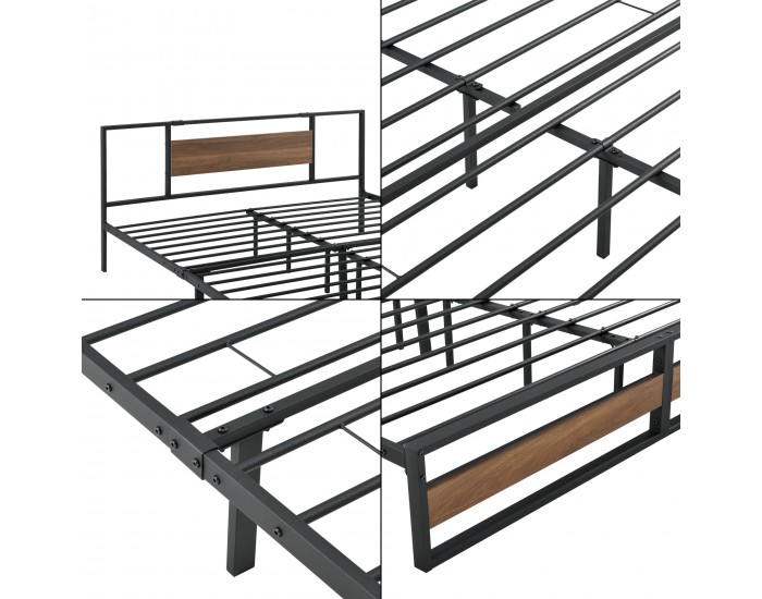 Метално легло Villach, подматрачна решетка, стаманена рамка, табла Ефект Орех, Черно, 200cm x 180cm [еn.casa]